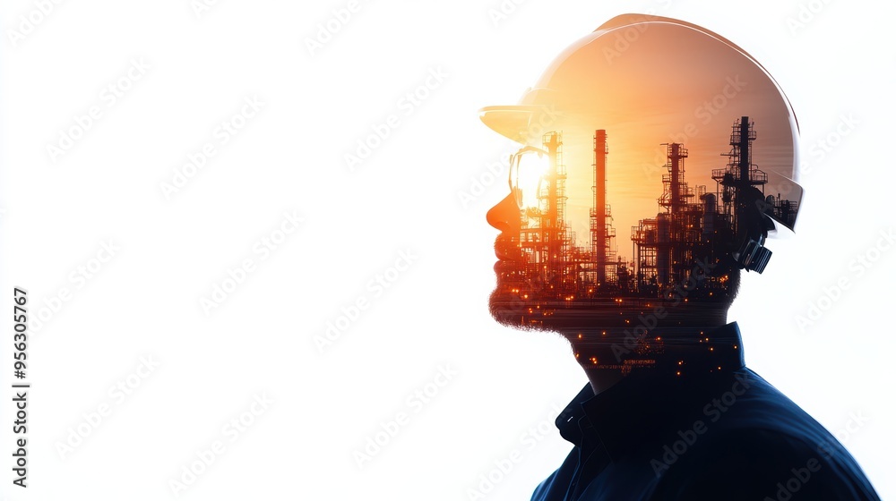 A creative double exposure of an industrial worker's silhouette filled with an oil refinery landscape, symbolizing innovation. A creative double exposure of an industrial worker's silhouette filled with an oil refinery landscape, symbolizing innovation.