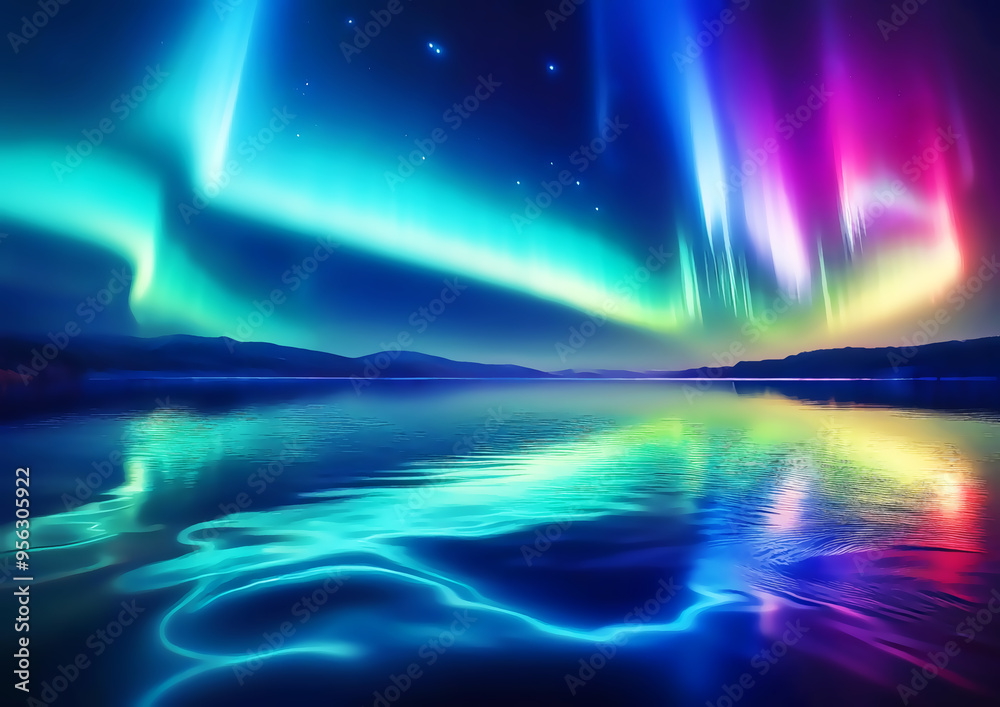Northern lights Aurora borealis at night over the lake, 3D illustration Northern lights Aurora borealis at night over the lake, 3D illustration