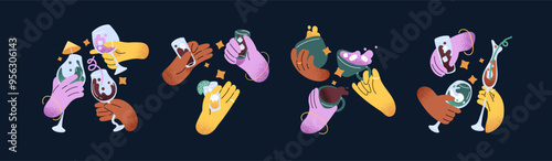 Hands with different glasses of drinks set. People hold, cheers, celebrate with alcohol beverages, cocktails, lemonades on festive party. Friends with coffee cups. Flat isolated vector illustrations