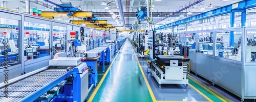 Automated car manufacturing assembly line. manufacturing plant with robotic arms and white car bodies in production illustrating industrial automation, banner