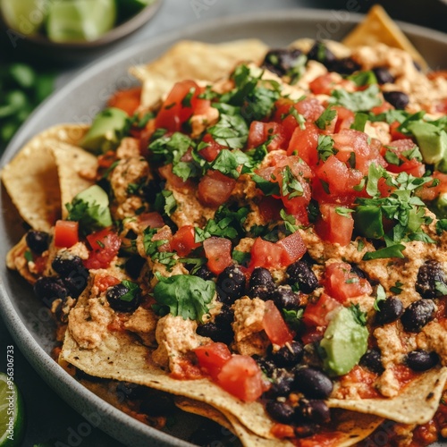 A plate of nachos with black beans, avocado, tomatoes, cilantro, and a creamy sauce.