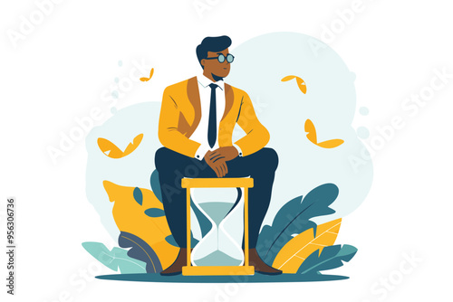 Thoughtful Businessman Ponders Business Solution While Sitting on Hourglass