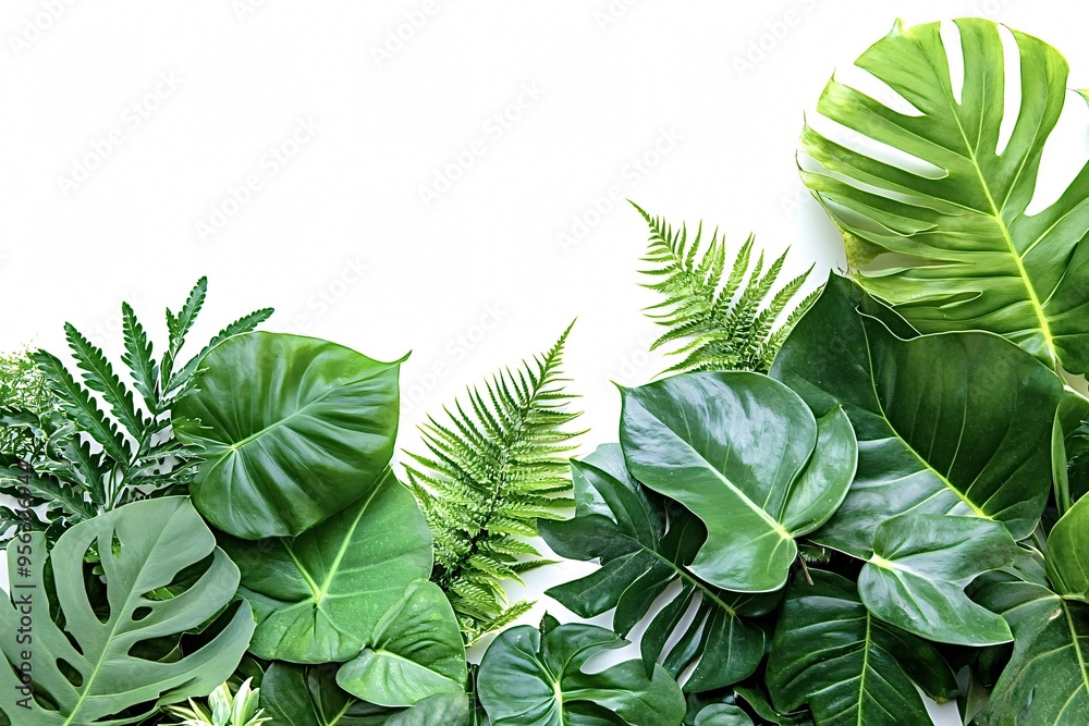 Variety of lush green tropical leaves are creating a natural frame on a white background, offering a vibrant and refreshing backdrop Variety of lush green tropical leaves are creating a natural frame on a white background, offering a vibrant and refreshing backdrop