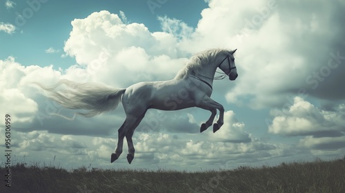 White horse leaping in air on open field white clouds blue sky  photo