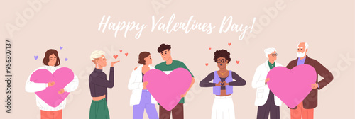 St. Valentine day horizontal banner. Romantic couples share affection, feelings. Happy girls give gifts, air kiss, hug heart. Celebration, congratulation with 14 February. Flat vector illustration