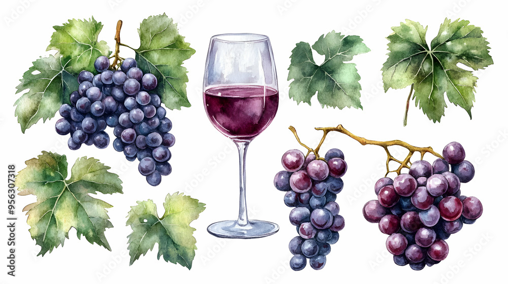 Fototapeta premium Watercolor Grapes Wine Glass Vine Leaves Red Wine Vintage Illustration Food Drink Autumn Harvest Fall