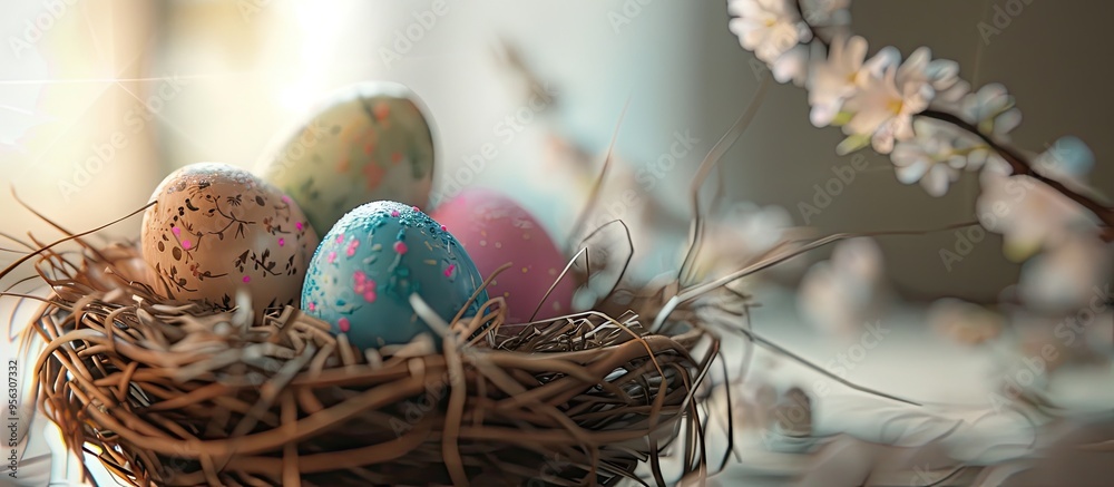 Close up shot of Easter decorations in a woven basket with a selective focus on a copy space image