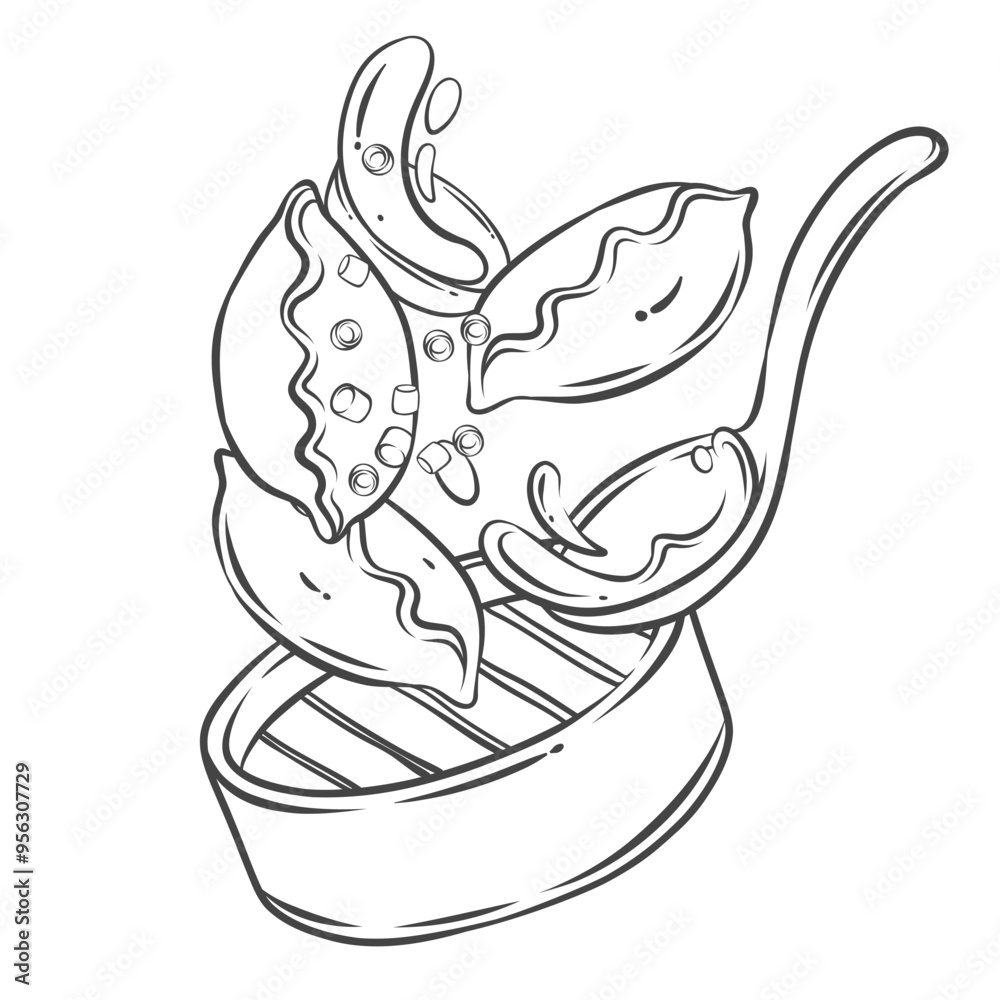Flying Dim sum box with dumplings line icon. Outline steamed hot buns and spoon falling on bamboo steamer. Asian food, Dimsum mascot, hand drawn basket of Chinese dumplings icon vector illustration Flying Dim sum box with dumplings line icon. Outline steamed hot buns and spoon falling on bamboo steamer. Asian food, Dimsum mascot, hand drawn basket of Chinese dumplings icon vector illustration