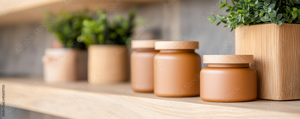 Aesthetic display of minimalist jars and pots on a wooden shelf, showcasing natural decor and modern home styling. Aesthetic display of minimalist jars and pots on a wooden shelf, showcasing natural decor and modern home styling.