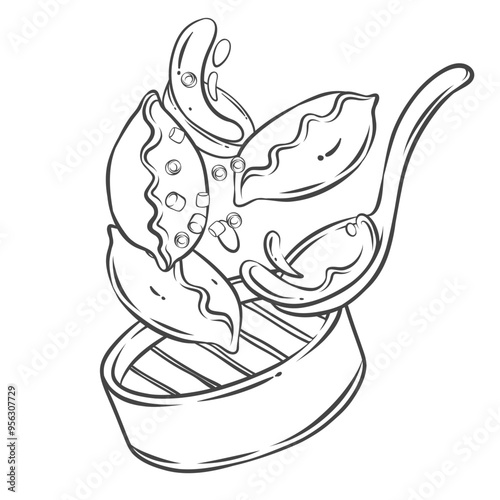 Flying Dim sum box with dumplings line icon. Outline steamed hot buns and spoon falling on bamboo steamer. Asian food, Dimsum mascot, hand drawn basket of Chinese dumplings icon vector illustration