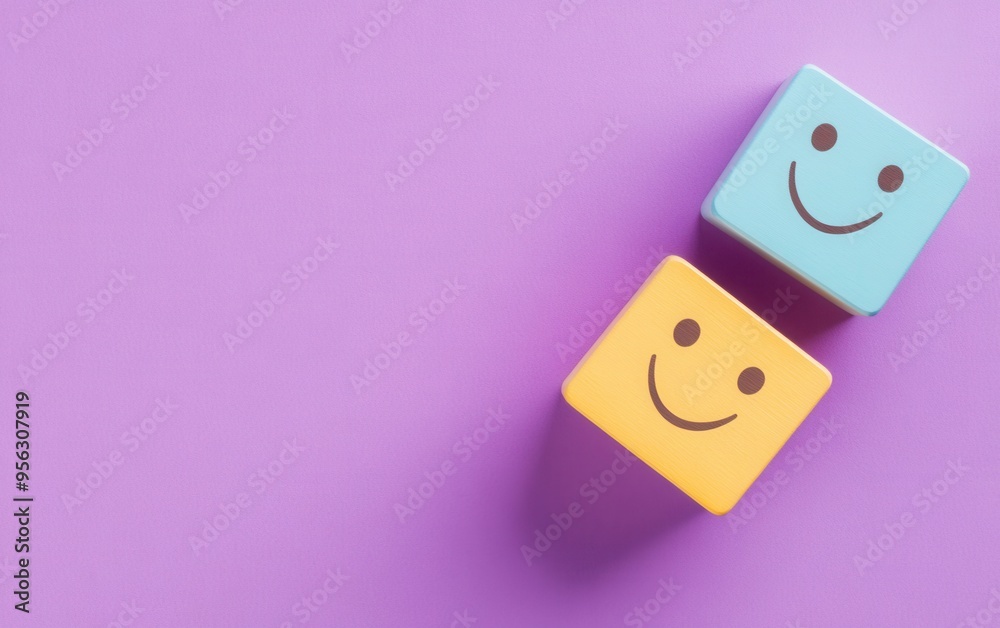 Two wooden blocks with smiley faces on a purple background Two wooden blocks with smiley faces on a purple background