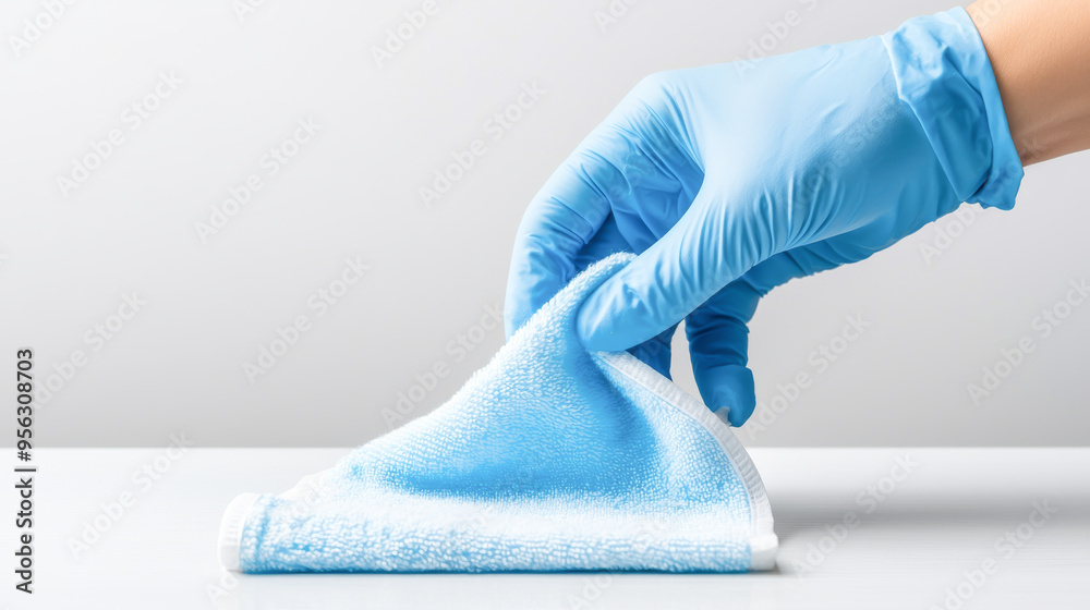 Fototapeta premium Close-up of a hand wearing a blue glove, cleaning with a microfiber cloth on a light surface, representing hygiene and cleanliness.