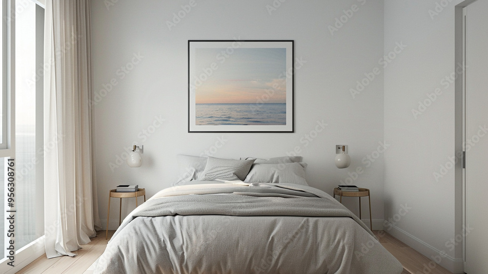 a minimalist bedroom with a single piece of artwork above the bed a minimalist bedroom with a single piece of artwork above the bed