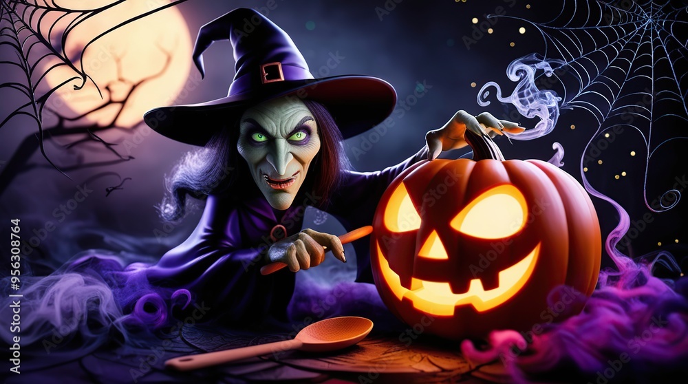 Halloween themed cartoon background featuring a pumpkin and a witch Halloween themed cartoon background featuring a pumpkin and a witch