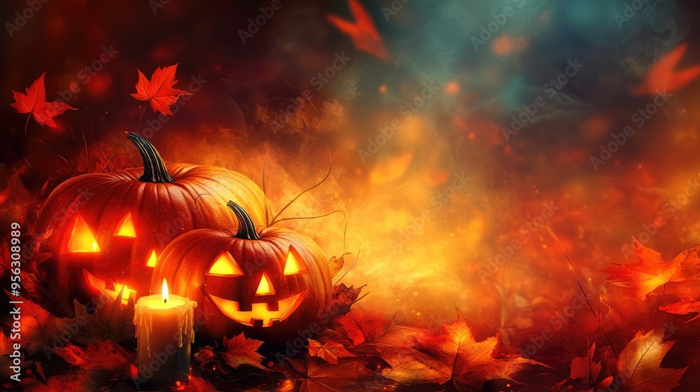 Fototapeta premium Happy Halloween Background with Jack O' Lantern Pumpkins, Autumn Leaves, and Candles, 3D Illustration. AI generated illustration.