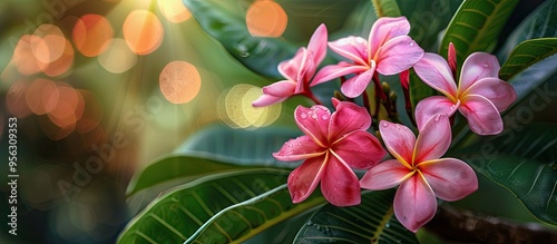 A tree in the garden with blooming pink frangipani also known as bunga kamboja showcasing its beauty in a copy space image photo