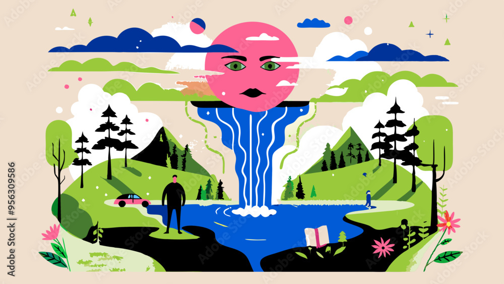 Obraz premium Surreal Landscape with Giant Sun Face and Waterfall Illustration