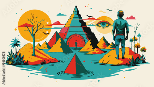 Surreal Landscape with Adventurer Overlooking Mystic Temple at Sunset