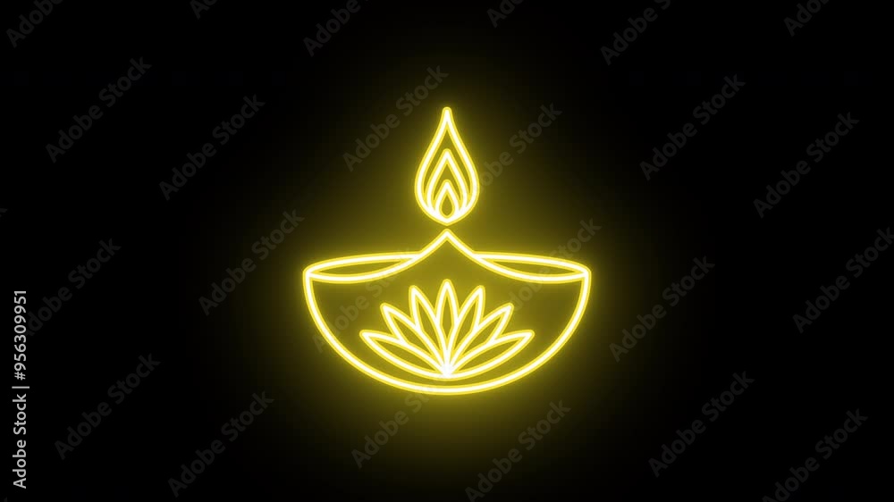 Neon Diya fire icon animation, color flicker. Glowing neon Diya lamp, looped color blink animation. Diwali festival, Deepavali oil candle, Diya oil lamp with lotus flower. 4 colors