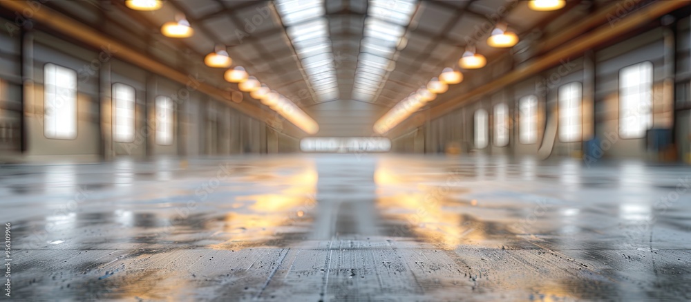 Focus on concrete floor in blurred warehouse copy space image Focus on concrete floor in blurred warehouse copy space image