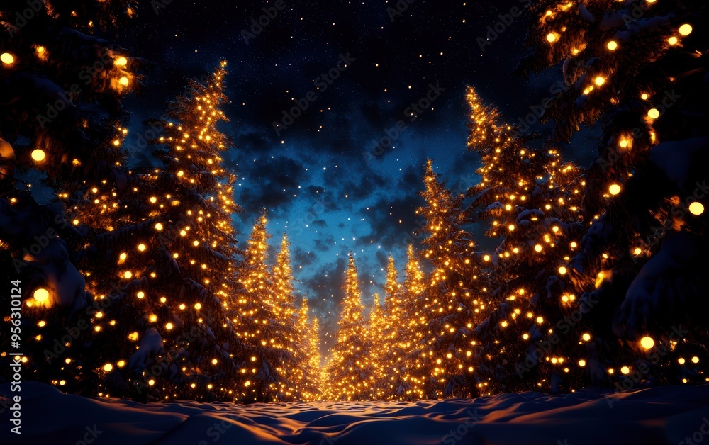 A magical winter scene with glowing trees in a starry night sky, creating a festive and enchanting atmosphere. A magical winter scene with glowing trees in a starry night sky, creating a festive and enchanting atmosphere.