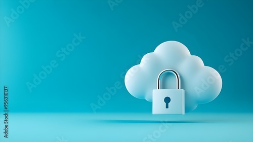 a modern minimal photo of a smooth 3d cloud icon that is matt white combined with a 3d pad lock with a bright blue background and hints of bright neon blue and bright green