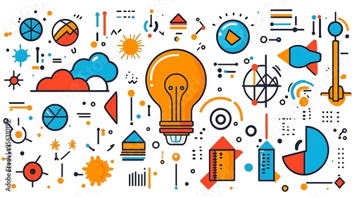 A colorful abstract illustration of a light bulb amid charts and geometric shapes, symbolizing ideas and creativity.