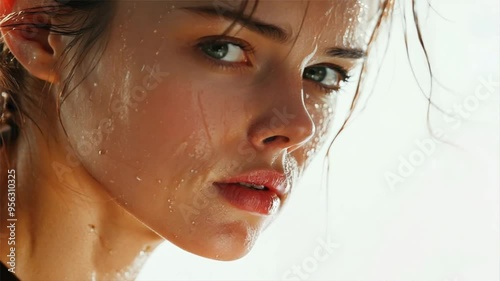 Close-up of a determined young woman in a sporty outfit, sweating and focused after an intense workout session under the sun.