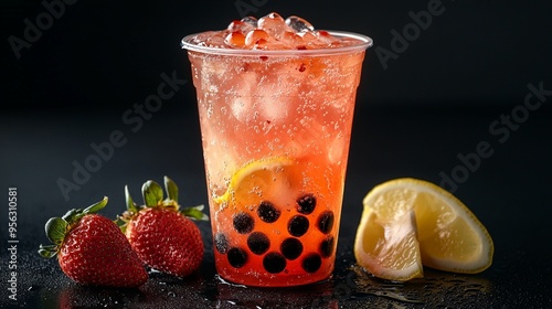 Photo of strawberry lemonade iced tea with boba in a clear cup, black background
