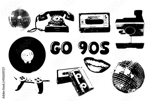 Retro objects Tape Recorders, Audio Cassette, play station, disco ball, vinyl, Polaroid. Collage element of paper for poster, stickers, banner. Cutting shapes grunge vintage face part. Abstract vector