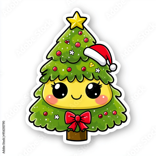 Wallpaper Mural Adorable Christmas tree with Santa hat and ornaments, festive cartoon illustration Torontodigital.ca