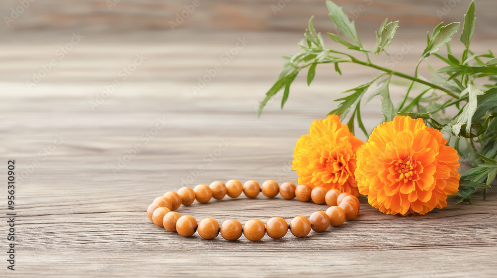 Naklejka premium Elegant wooden bracelet with beautiful marigold flowers on a rustic wooden background, perfect for relaxation and meditation themes.