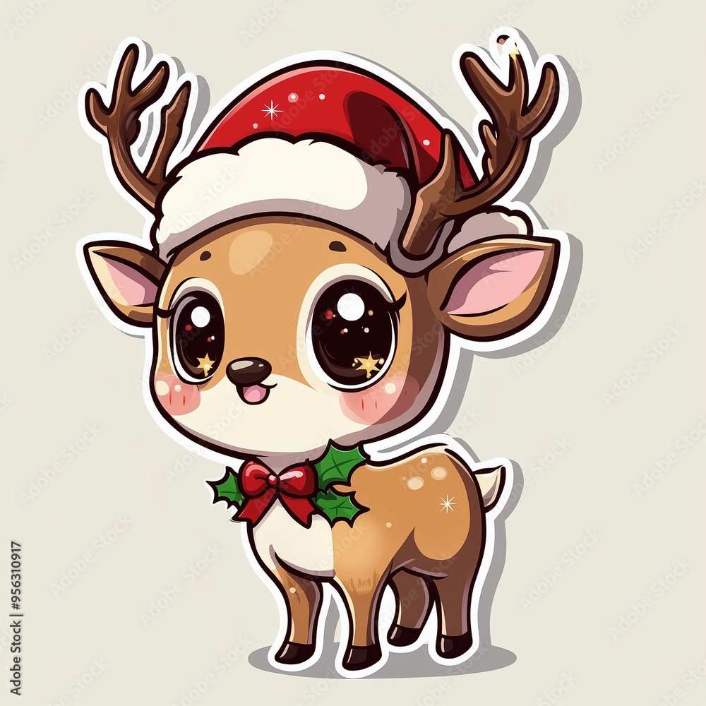 Adorable Christmas reindeer with Santa hat and holly, festive cartoon illustration Adorable Christmas reindeer with Santa hat and holly, festive cartoon illustration