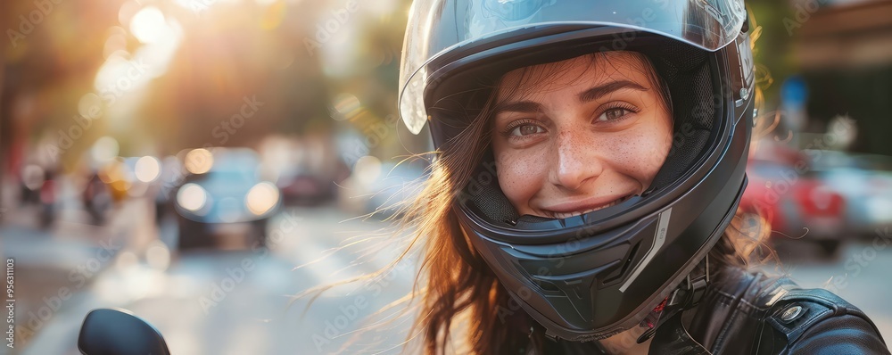 Portrait of a happy young woman with a helmet, about to ride a scooter in an urban city. Portrait of a happy young woman with a helmet, about to ride a scooter in an urban city.