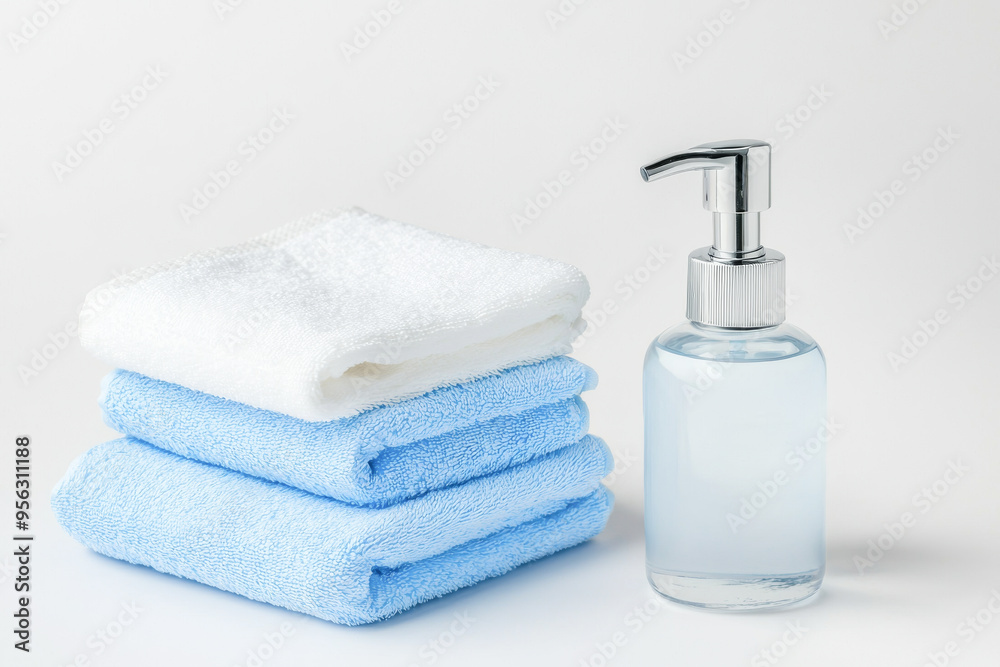 Fresh towels and soap dispenser arranged neatly, ideal for spa, bathroom, or home care settings, evoking cleanliness and comfort. Fresh towels and soap dispenser arranged neatly, ideal for spa, bathroom, or home care settings, evoking cleanliness and comfort.