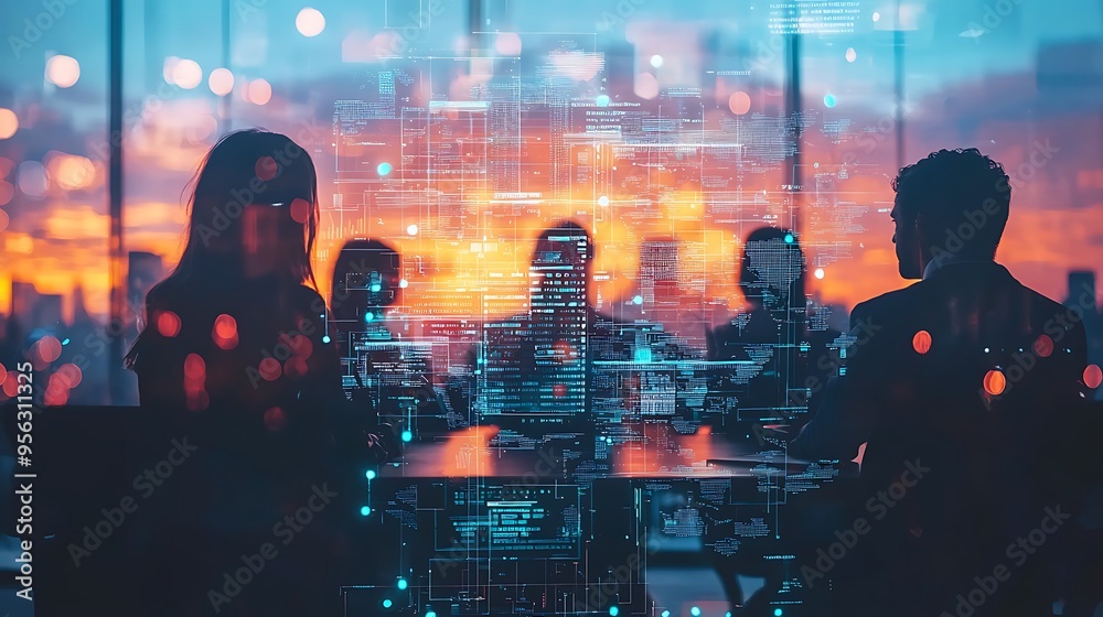 Silhouettes of business people interacting with a digital interface in a contemporary office, symbolizing modern business dynamics. Silhouettes of business people interacting with a digital interface in a contemporary office, symbolizing modern business dynamics.