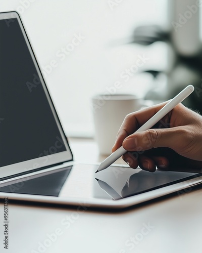 Hand with stylus on tablet next to an open laptop screen