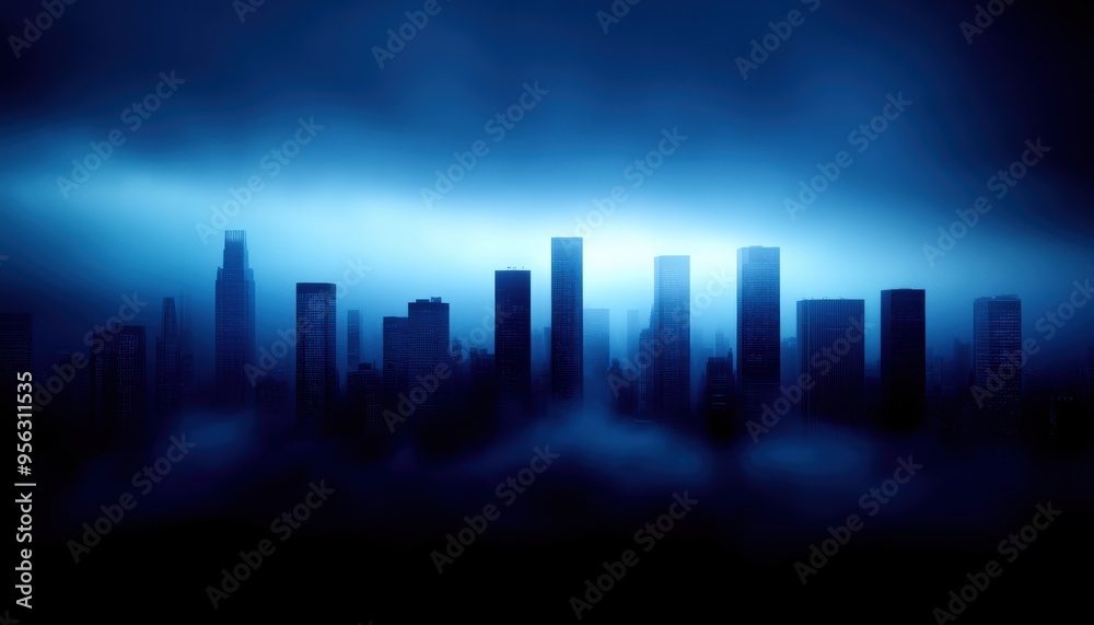 A mysterious city skyline shrouded in fog, illuminated by a soft blue light, creating an atmospheric urban landscape. A mysterious city skyline shrouded in fog, illuminated by a soft blue light, creating an atmospheric urban landscape.