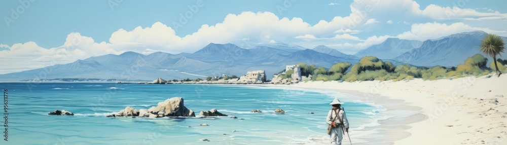 Fototapeta premium Pirate ghost, wandering a deserted beach, lost in time, Watercolor style
