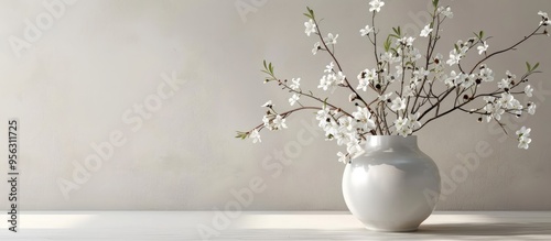 A vase on the table displays an arrangement of artificial white flowers with copy space image