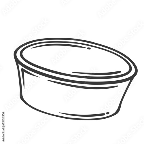 Round small box line icon. Outline circular takeout tray for takeaway food snack and sauce, container with cover. Delivery, storage mascot, hand drawn cardboard or plastic box icon vector illustration