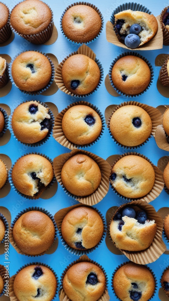 Freshly baked muffins with golden-brown color generously filled with juicy blueberries and topped with blueberry jam or icing. Freshly baked muffins with golden-brown color generously filled with juicy blueberries and topped with blueberry jam or icing.