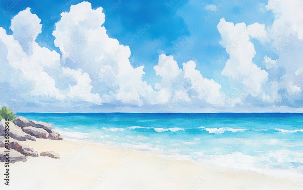 A serene beach scene with calming waves, fluffy clouds, and a clear blue sky, perfect for relaxation and inspiration. A serene beach scene with calming waves, fluffy clouds, and a clear blue sky, perfect for relaxation and inspiration.