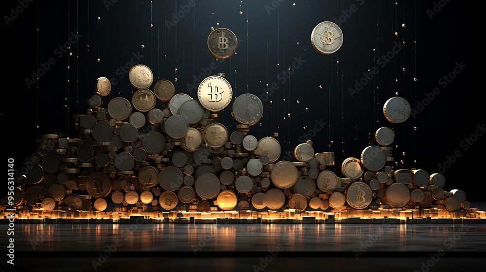 Fototapeta premium A mesmerizing arrangement of coins on a state-of-the-art digital panel, illustrating the coexistence of physical and digital forms of currency.