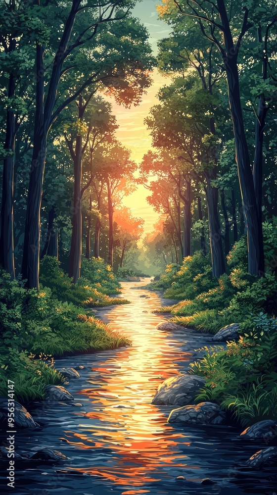 Winding stream flowing through lush forest landscape Winding stream flowing through lush forest landscape