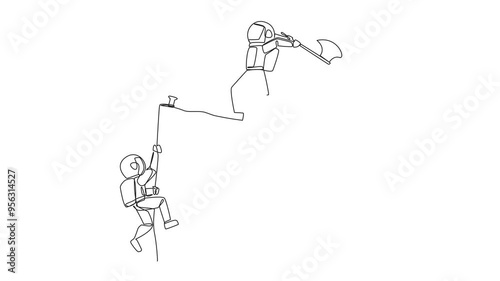 Self drawing animation of single continuous line drawing the young astronaut climbs cliff with rope. Almost successful. Rudely dropped by a business friend. The worst teamwork. Full length animated