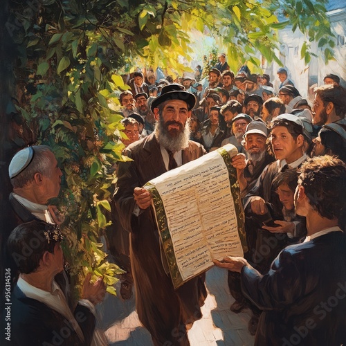 A Rabbi reading from a scroll in a crowded courtyard, surrounded by people. photo