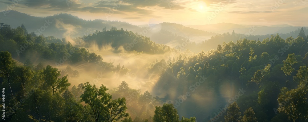 Naklejka premium Forested hills with a misty sunrise, 4K hyperrealistic photo,