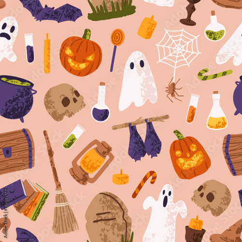 Repeatable pattern of creepy ghosts, pumpkins, spooky skulls, witch hat, cauldron. Halloween endless background, Helloween backdrop with scary symbols of holiday. Flat seamless vector illustration