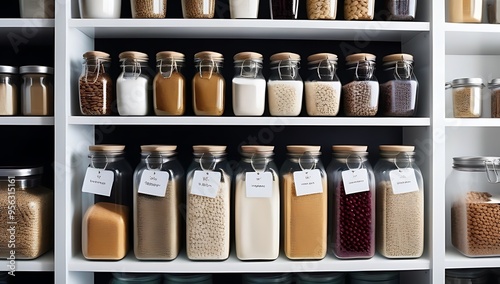 neatly organized pantry features glass jars filled various dried goods cereals legumes white shelves providing clean efficient storage solution